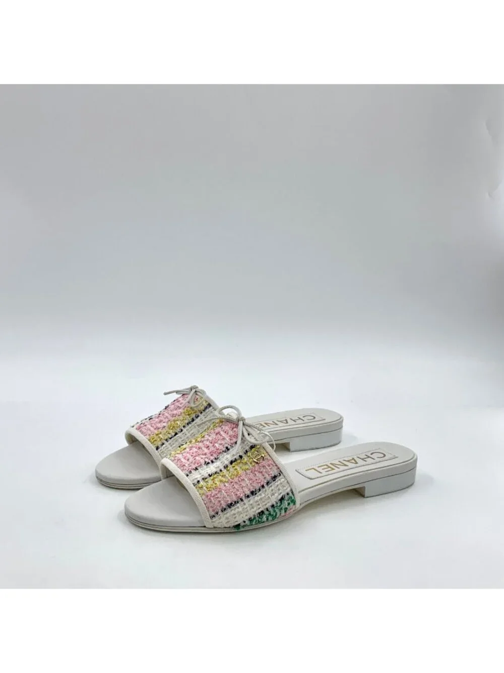 Chanel White Tweed Bow Slide Sandals